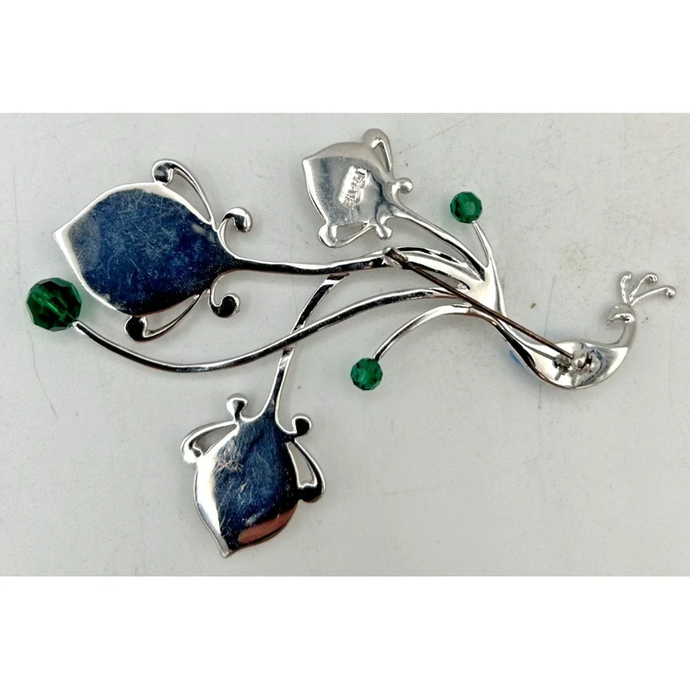 Franz Collection Peacock Brooch Pin Rhodium Plated Brass Porcelain Proud Bird‎
